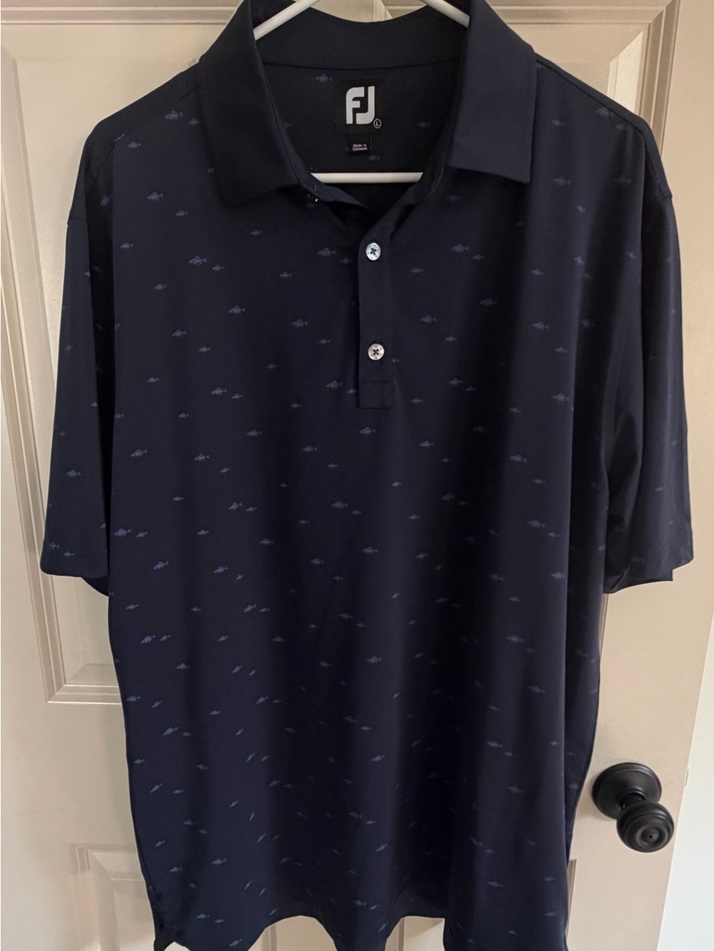 FootJoy FJ Golf Polo Shirt Large Navy Blue Fish Pattern